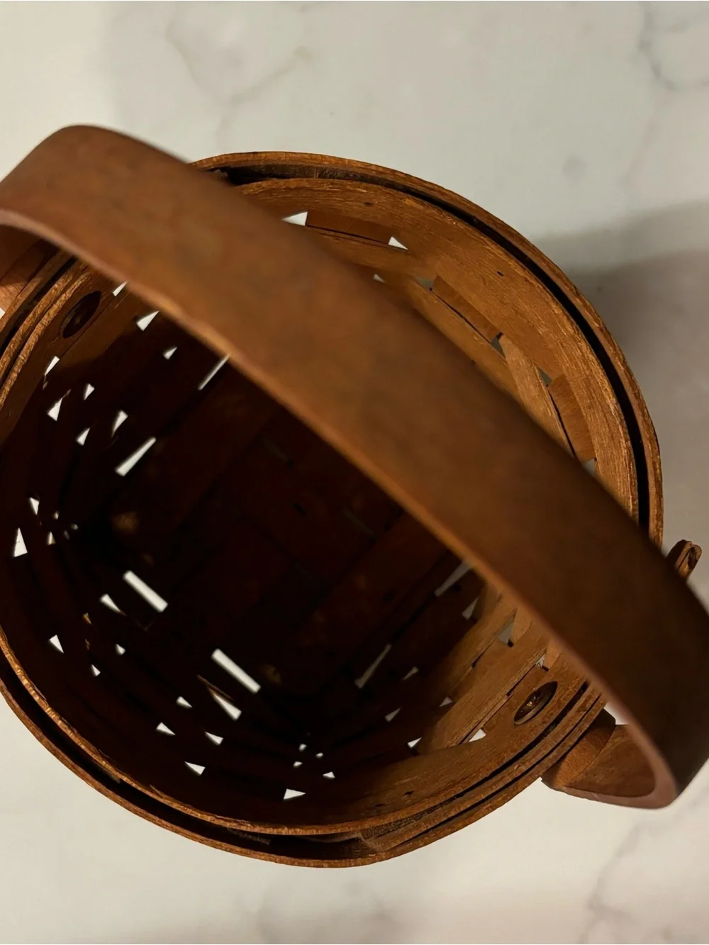 Small Longaberger Woven Wood Basket with Handle, c. 1989